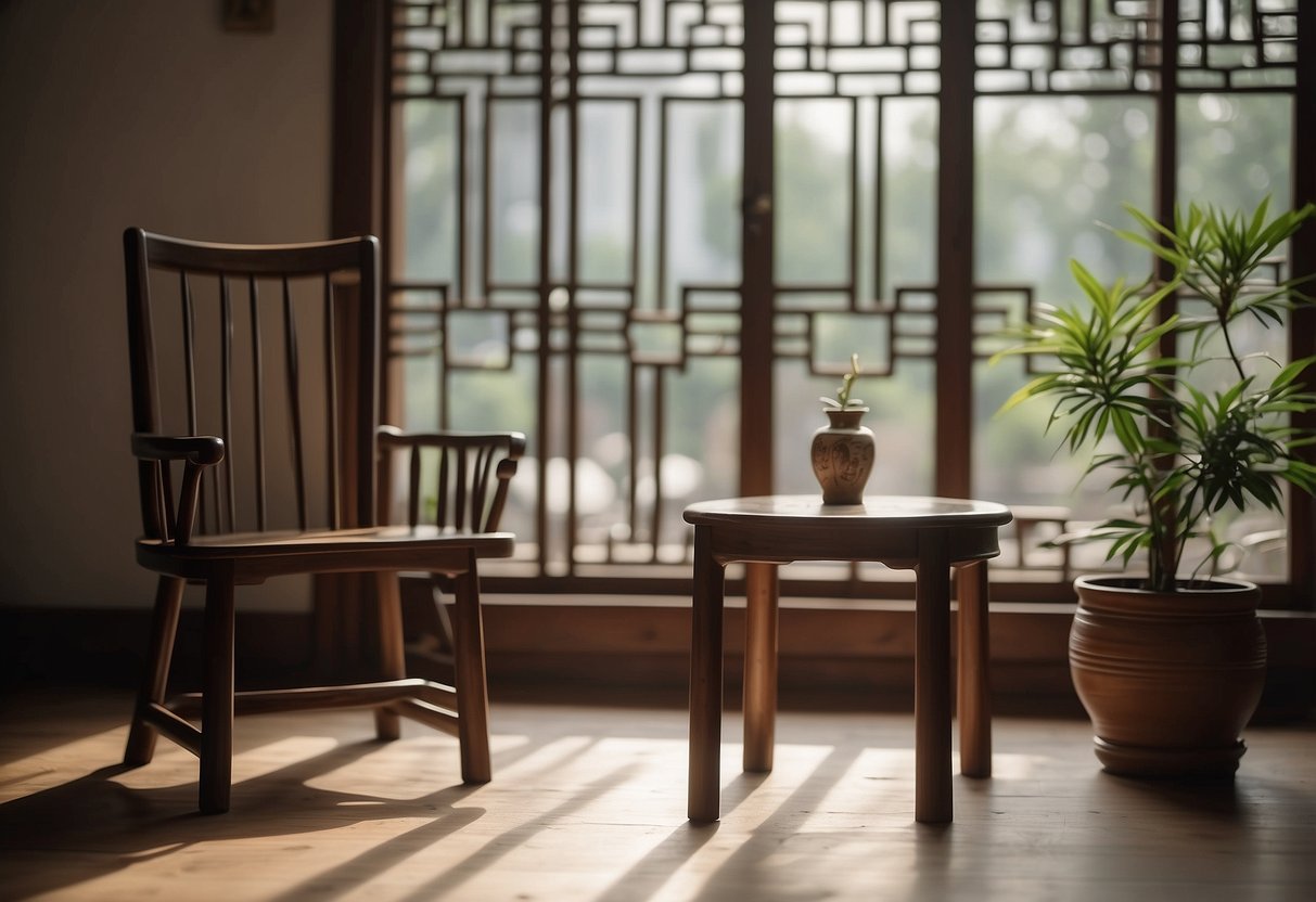 A traditional Chinese wooden chair and table in a minimalist room with natural lighting and subtle decor