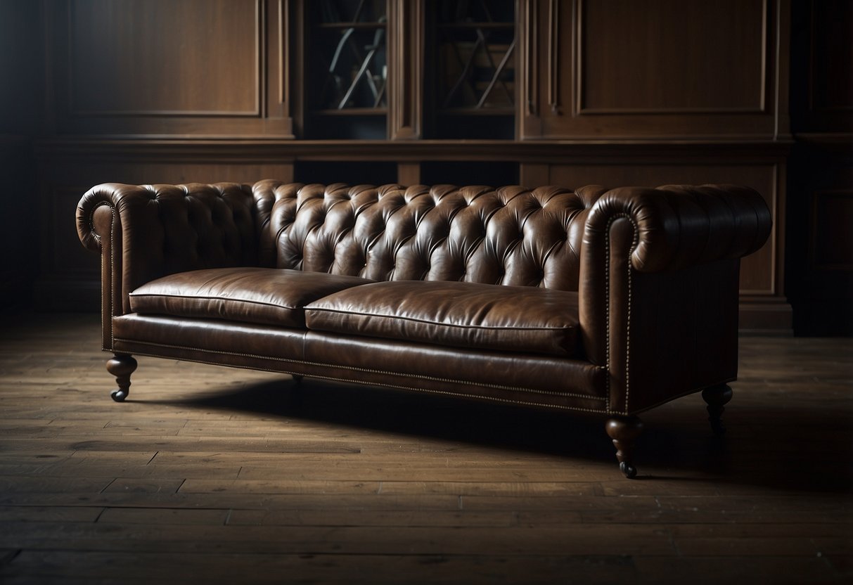 A vintage Chesterfield sofa sits in a dimly lit study, adorned with tufted leather and scrolled arms. A worn patina adds character to the classic design