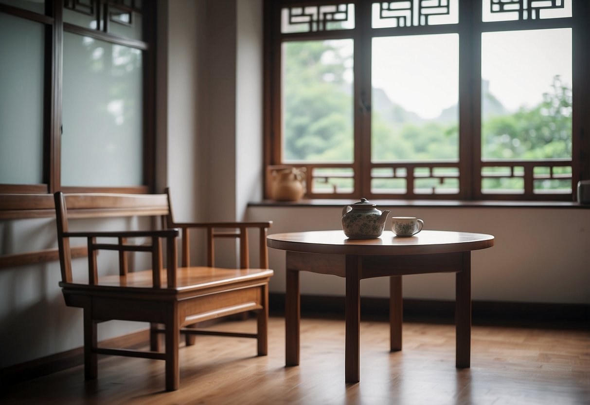A traditional Chinese wooden chair and table in a serene, minimalist room with natural light filtering through the windows