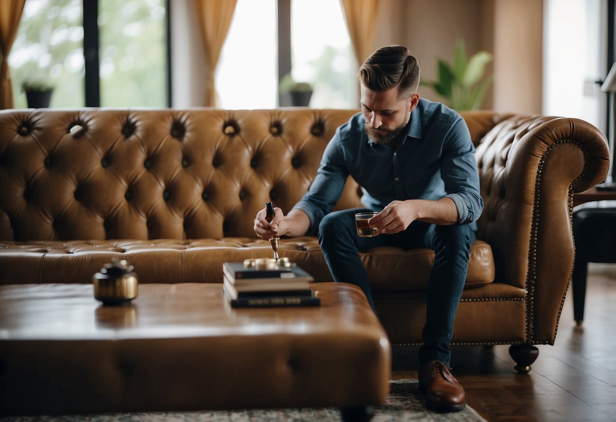 A person carefully dusts and polishes a luxurious Chesterfield sofa in a well-lit living room, surrounded by elegant decor and a warm, inviting atmosphere