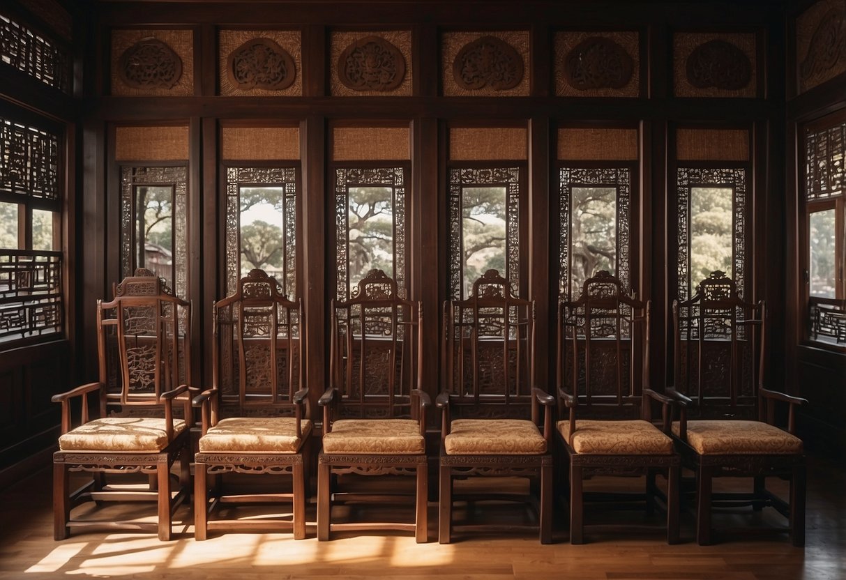 A traditional Chinese wooden chair with intricate carvings sits in a sunlit room, surrounded by ornate tables and cabinets. Richly colored fabrics drape elegantly over the furniture, adding to the opulent atmosphere