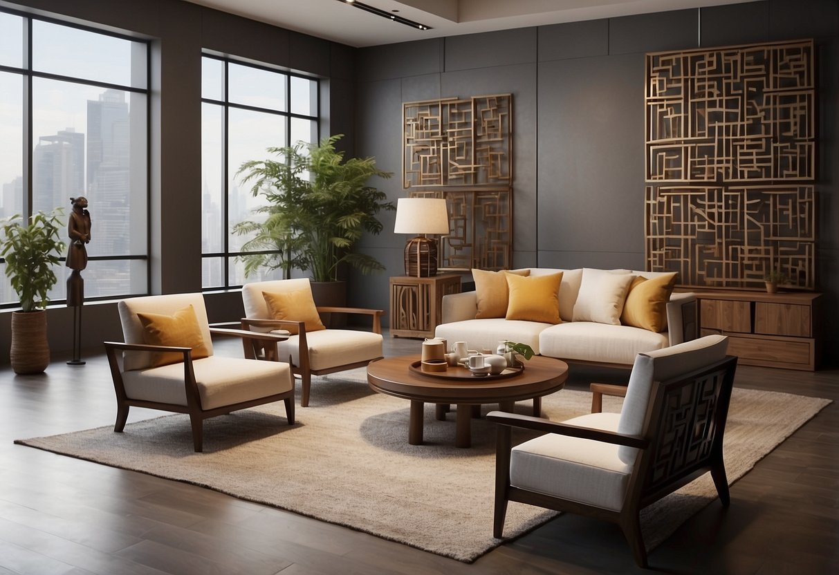 A 3D model of Chinese furniture surrounded by frequently asked questions in a modern, minimalist setting