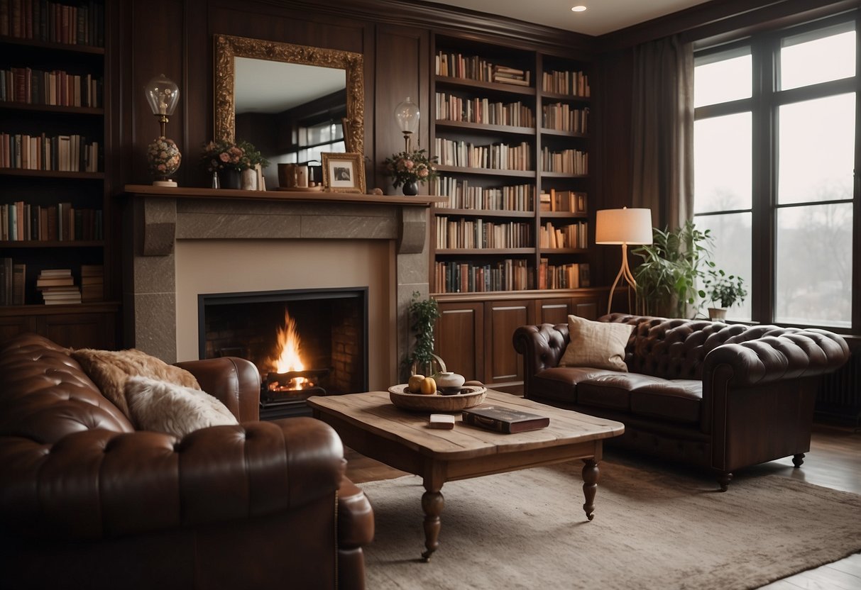 A cozy living room with a classic chesterfield sofa and armchair, surrounded by bookshelves and a warm fireplace
