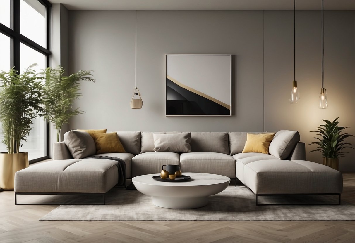 A sleek, minimalist living room with clean lines, neutral colors, and geometric shapes. A modern sofa, coffee table, and accent chair create a stylish, inviting space