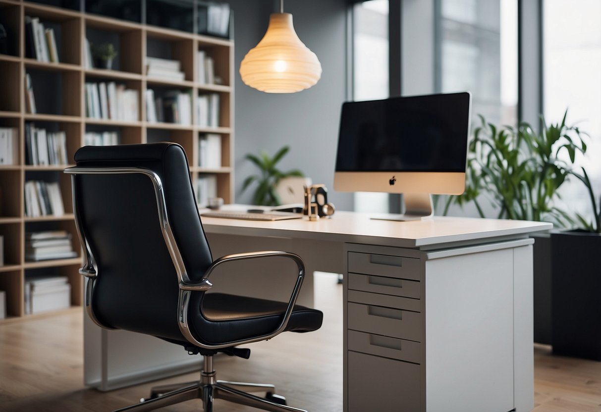 A sleek desk with a modern chair, a stylish bookshelf, and a unique lamp in a contemporary office setting