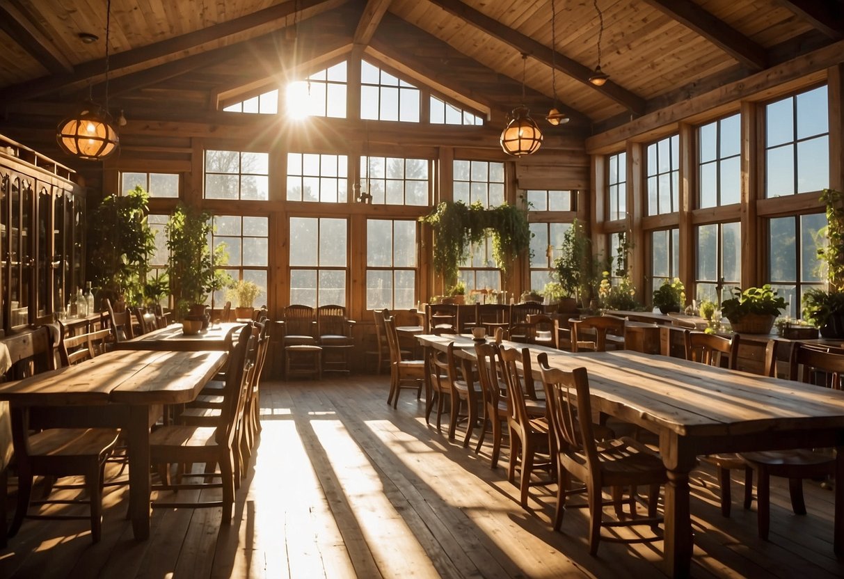Rustic wooden tables, chairs, and cabinets fill the cozy country furniture store. Sunlight streams through the windows, casting warm, inviting shadows