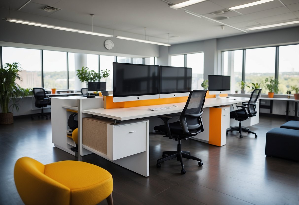 A modern office space with sleek, ergonomic furniture and vibrant pops of color. A standing desk with a dual monitor setup, a cozy lounge area with stylish chairs, and a communal table for collaboration