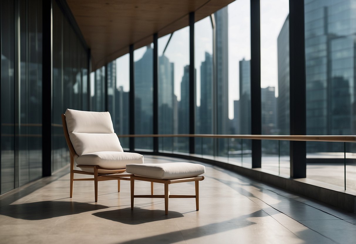 A sleek, minimalist chair with clean lines and geometric shapes, set against a backdrop of modern architecture and natural light