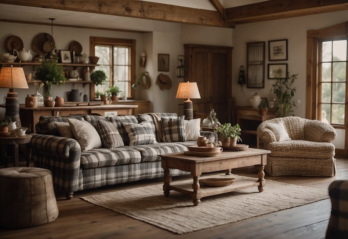 A cozy living room with a plaid sofa, rustic coffee table, and vintage armchair. A farmhouse-style dining room with a large wooden table and mismatched chairs. A bedroom with a four-poster bed and distressed dresser
