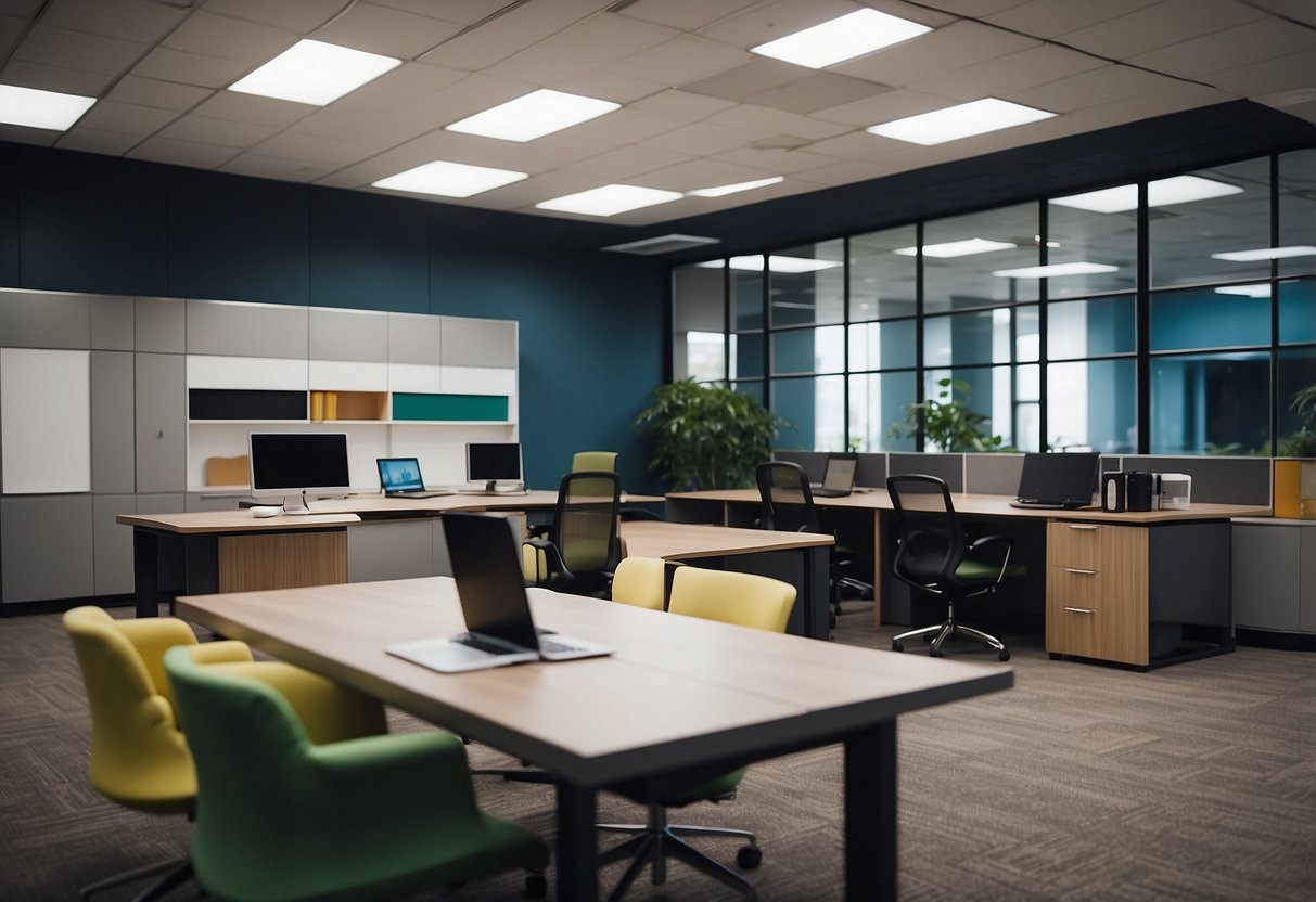 A person is choosing materials and colors for modern office furniture. The materials are sleek and the colors are cool and contemporary