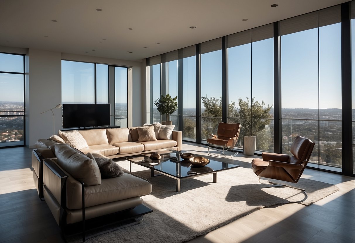 A sleek, minimalist living room with clean lines, neutral colors, and modern furniture made of glass, metal, and leather
