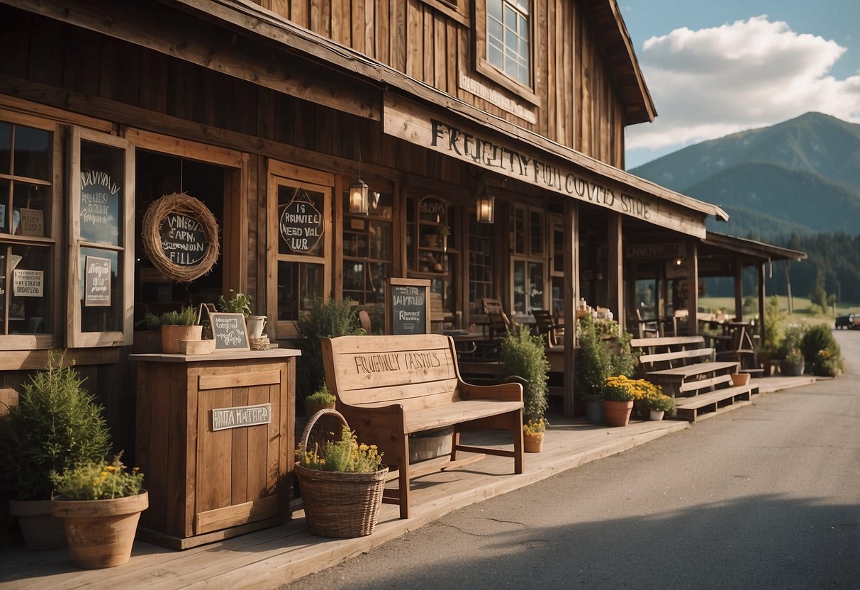 A rustic country store with wooden furniture displays and a sign reading "Frequently Asked Questions" above the entrance