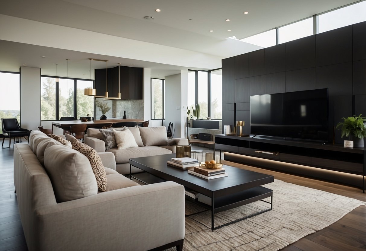 A sleek, minimalist living room with modern furniture and clean lines. A large, comfortable sofa and a stylish coffee table are the focal points, surrounded by contemporary chairs and a sleek entertainment center