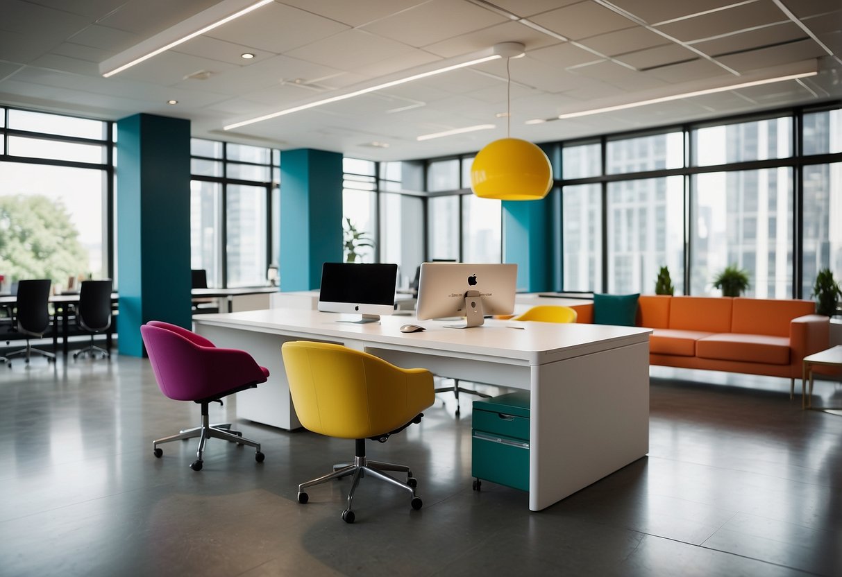 A modern office space with sleek, stylish furniture and vibrant pops of color. Clean lines and innovative designs create an inviting and professional atmosphere