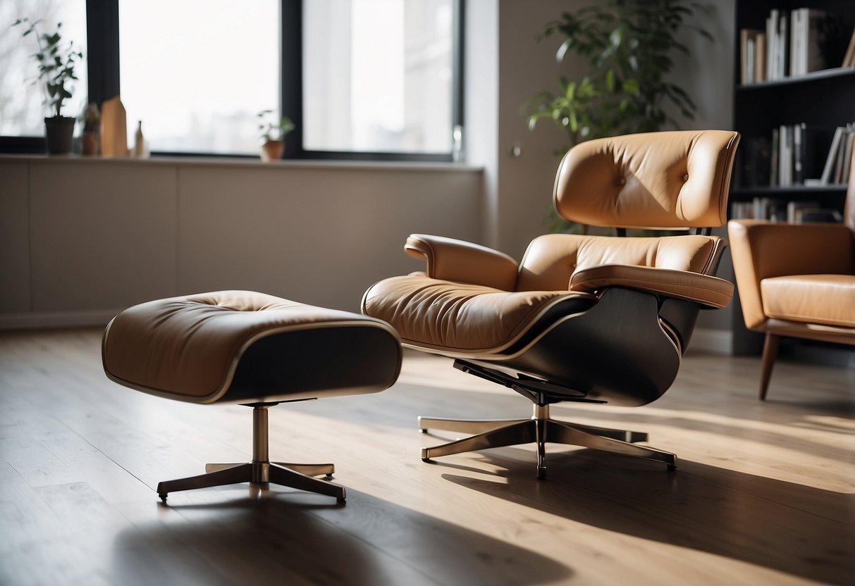 A modern chair with built-in storage compartments and adjustable features, placed in a minimalist living room with natural lighting and clean lines