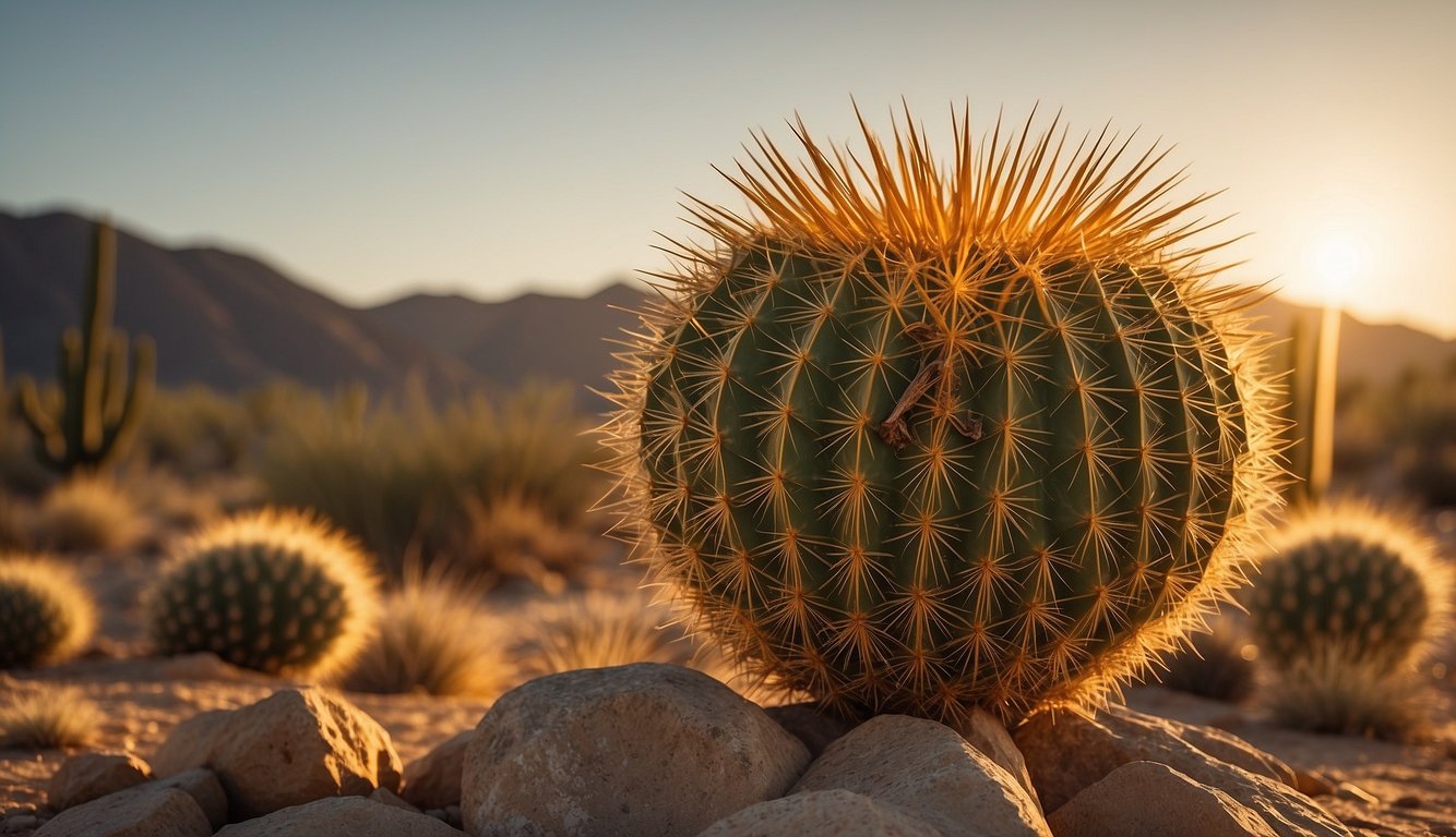 A golden barrel cactus stands tall in the desert, its spiky arms reaching towards the sky, bathed in the warm glow of the setting sun