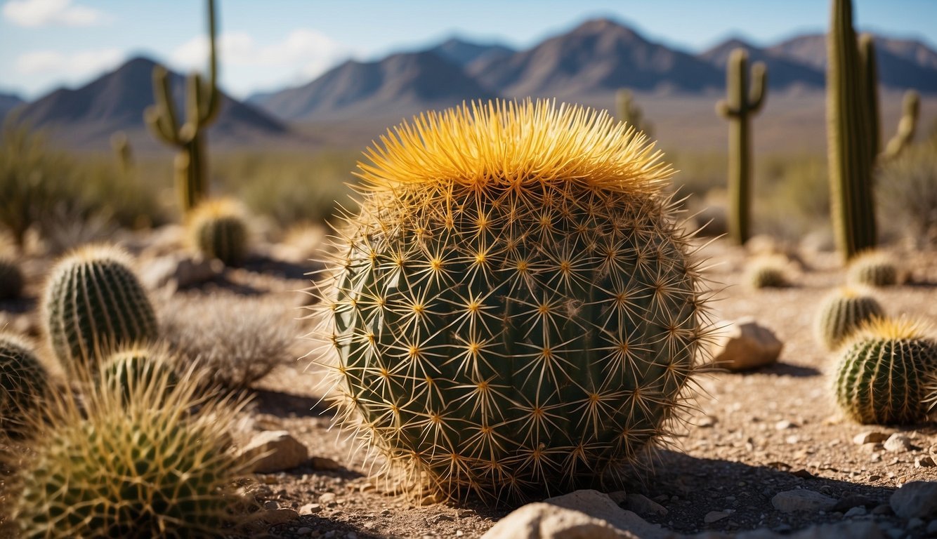 A golden barrel cactus stands tall in a desert landscape, surrounded by dry, cracked earth and sparse vegetation. The harsh sunlight beats down on the cactus, highlighting its unique shape and texture