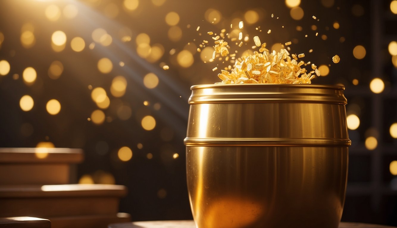 A golden barrel sits atop a pedestal, emitting rays of light, symbolizing wealth and prosperity