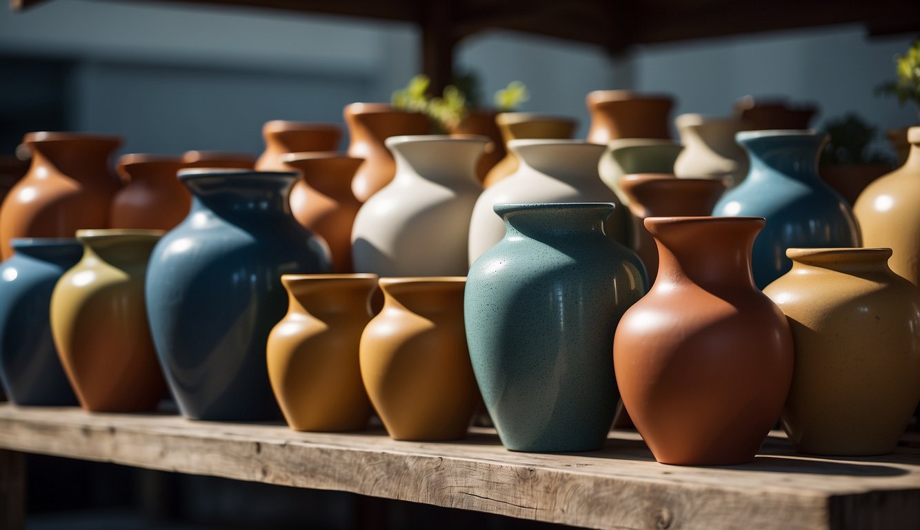 Several large ceramic pots sit in a row, varying in size and color. They are arranged against a plain background, casting shadows