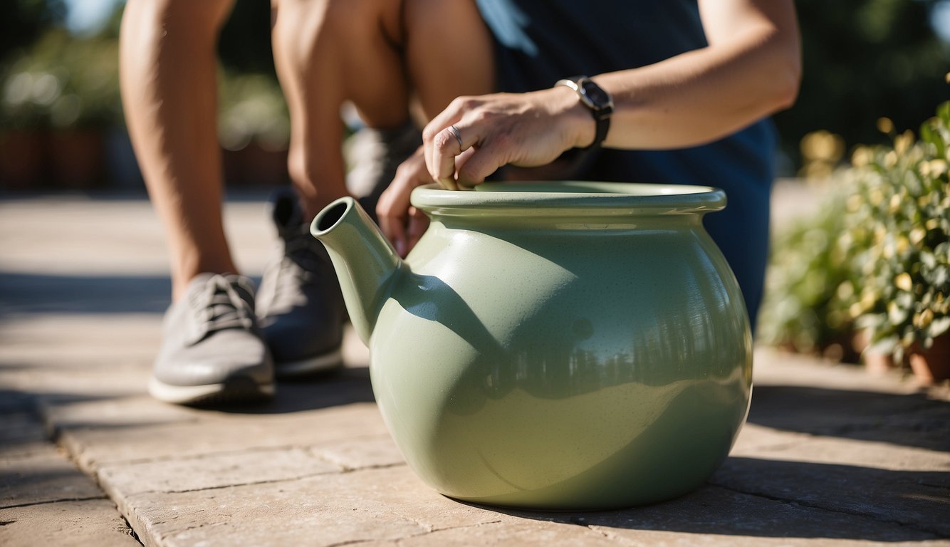 A person wipes down and waters large ceramic pots in a sunny outdoor space