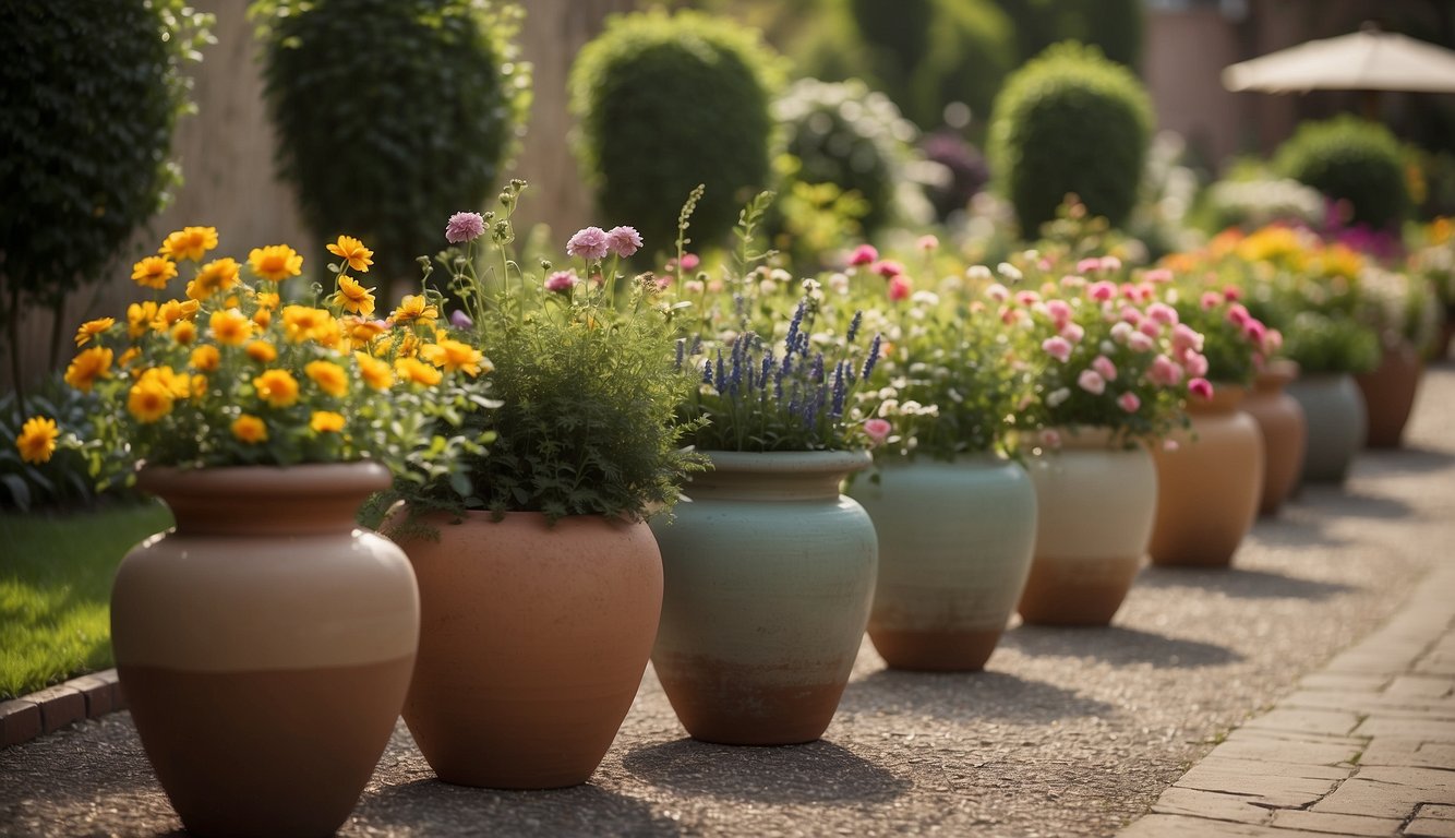 Large ceramic pots arranged in a garden, filled with vibrant flowers and greenery. A pathway winds through the display, adding visual interest and inviting exploration