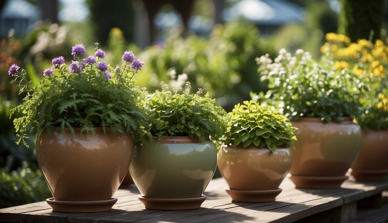 Several large ceramic planters arranged in an outdoor setting, each filled with vibrant green plants and flowers