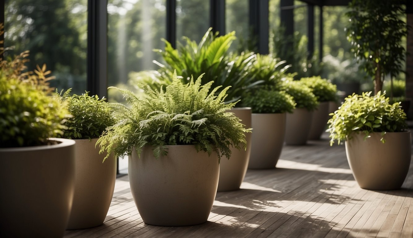 A patio with various sizes of outdoor large ceramic planters, surrounded by lush greenery and bathed in natural sunlight