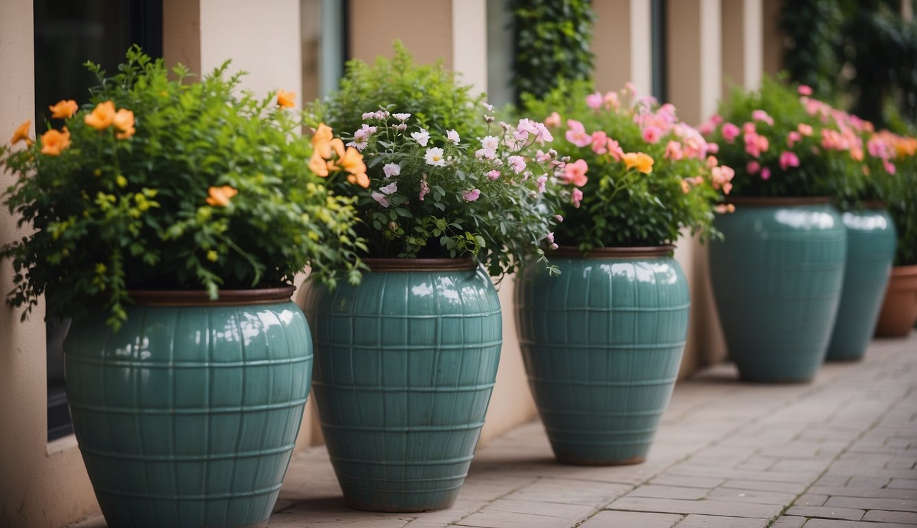 A patio adorned with large ceramic planters, filled with vibrant greenery and flowers, creating a tranquil and inviting outdoor space