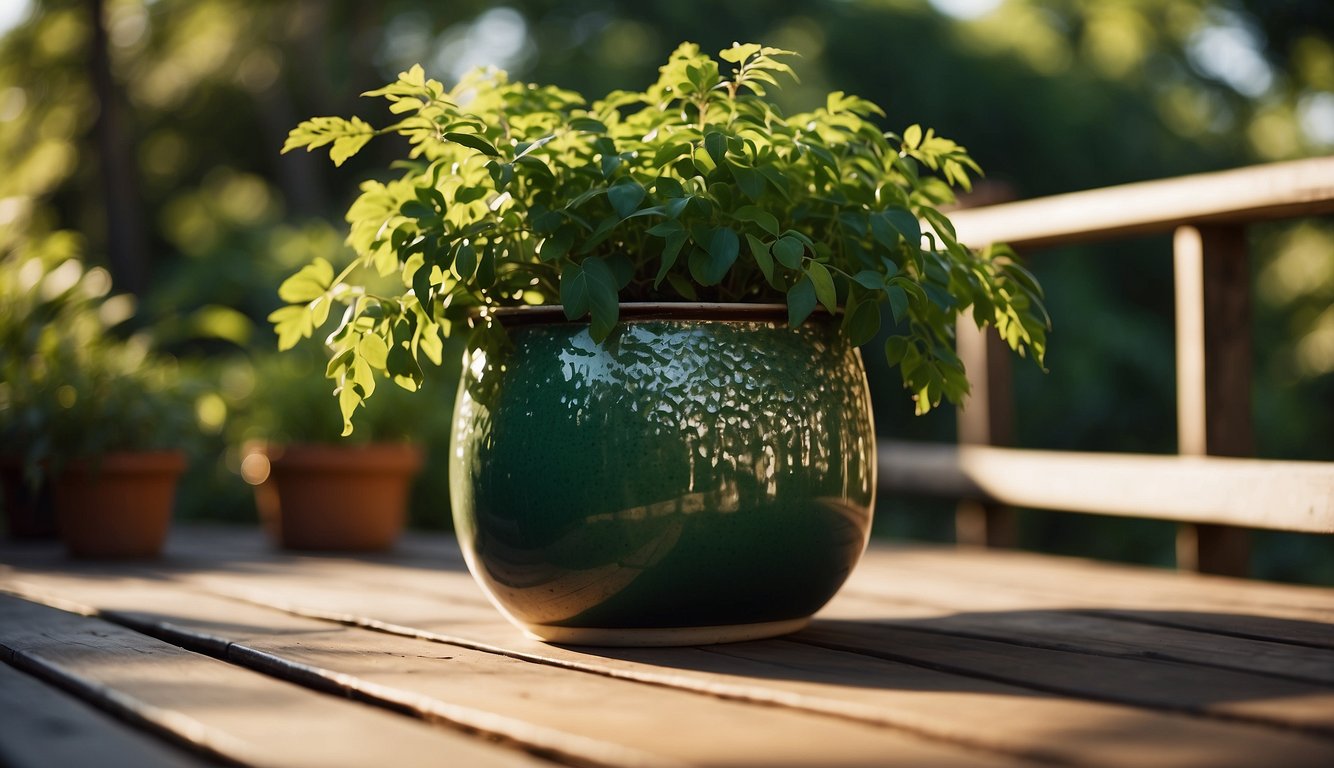 A large ceramic plant pot sits on a wooden deck, filled with vibrant green foliage spilling over the edges. Sunshine illuminates the textured surface, casting shadows on the ground