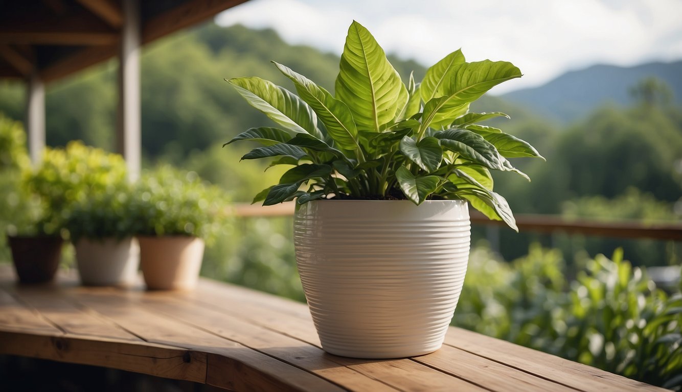 A large ceramic plant pot sits on the edge of a wooden deck, positioned to the left with a backdrop of lush greenery