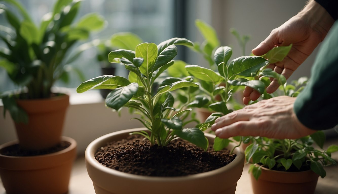 A hand reaches for a large ceramic plant pot, wiping off dust and watering the vibrant green plant inside