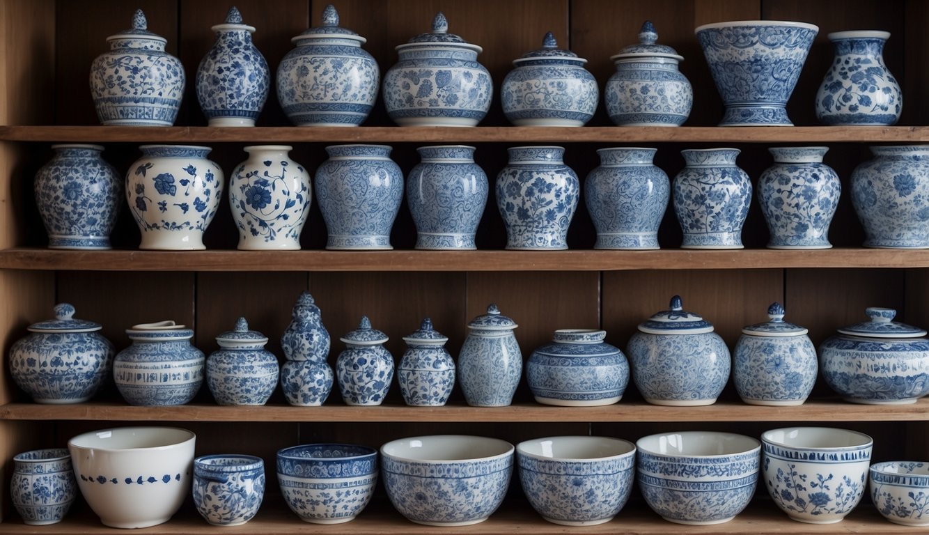 Blue and white ceramic pots arranged on a rustic wooden shelf