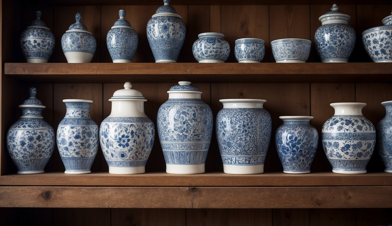 Blue and white ceramic pots arranged on a wooden shelf, with sunlight casting shadows and highlighting the intricate patterns and textures