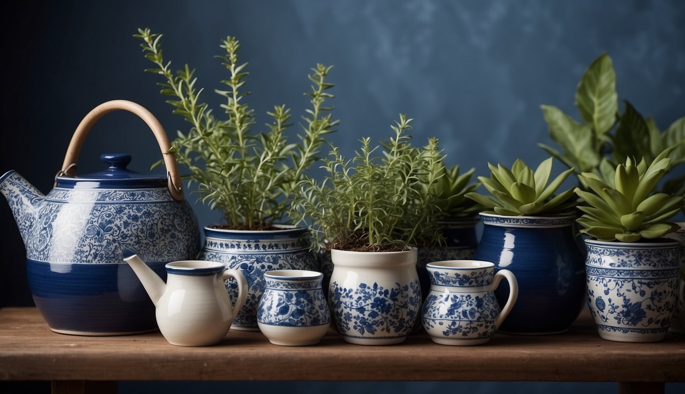 Several blue and white ceramic pots arranged neatly on a shelf, with a small watering can and a bag of potting soil nearby