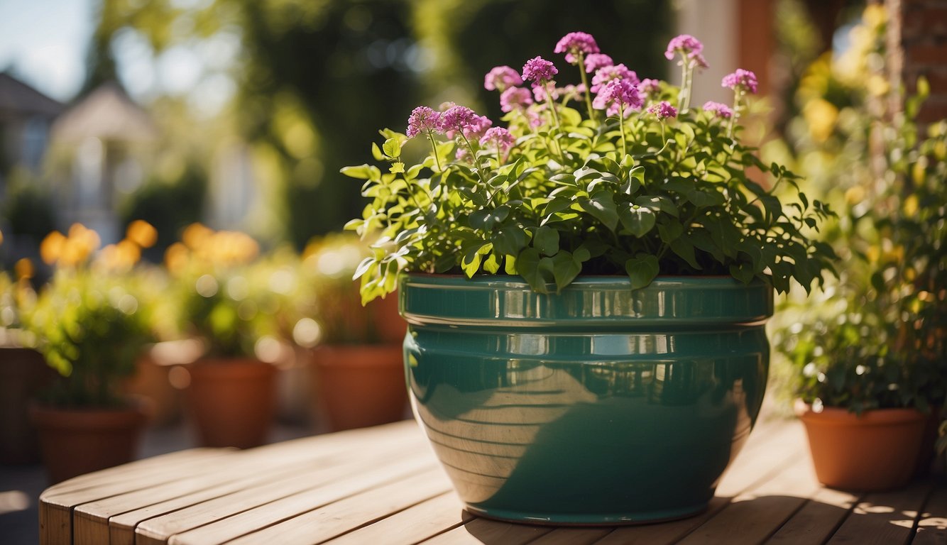 A large ceramic planter sits on a sunlit patio, filled with vibrant green plants and surrounded by colorful flowers