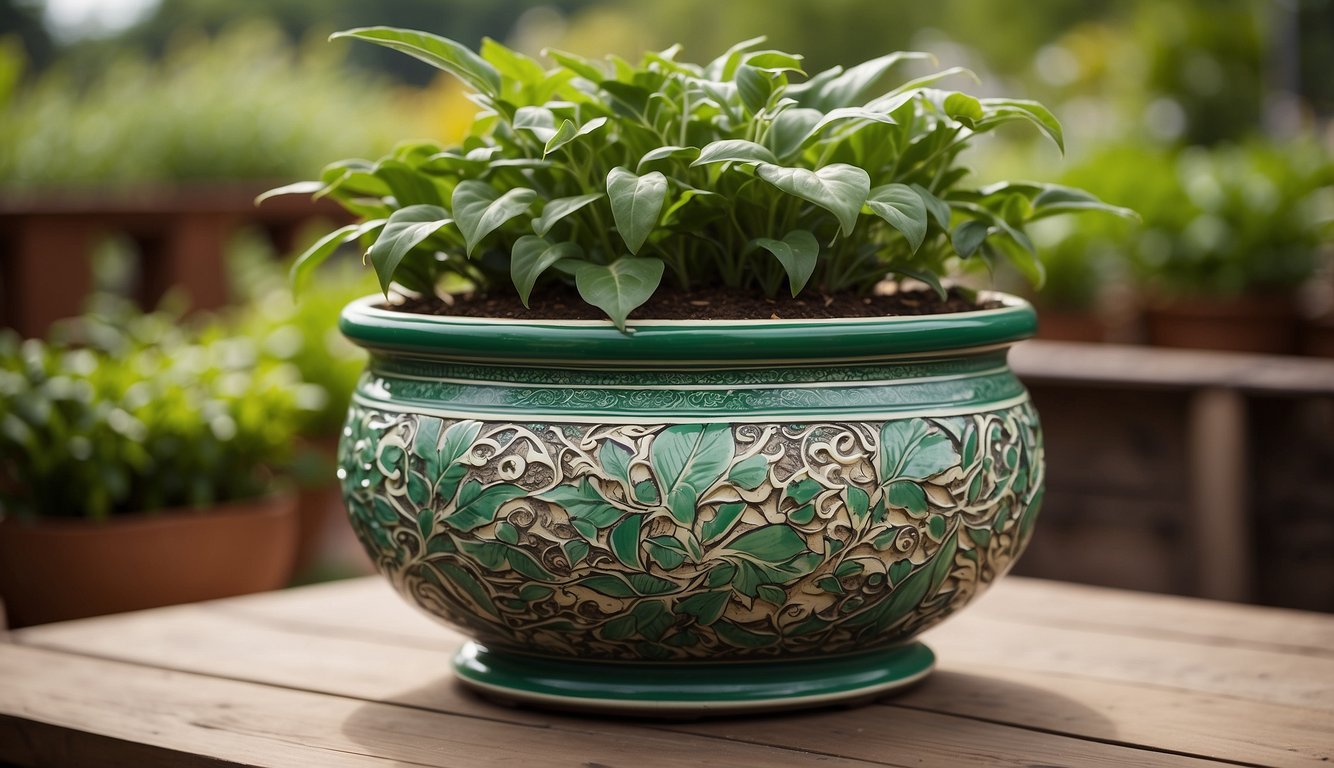 A large ceramic planter sits on a wooden deck, filled with vibrant green plants. The planter features intricate designs and a glossy finish, adding a touch of elegance to the outdoor space