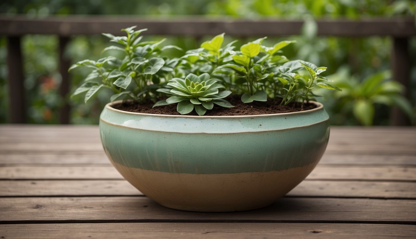 A large ceramic planter sits on a weathered wooden deck, surrounded by lush green plants. The planter's smooth surface and sturdy construction suggest durability