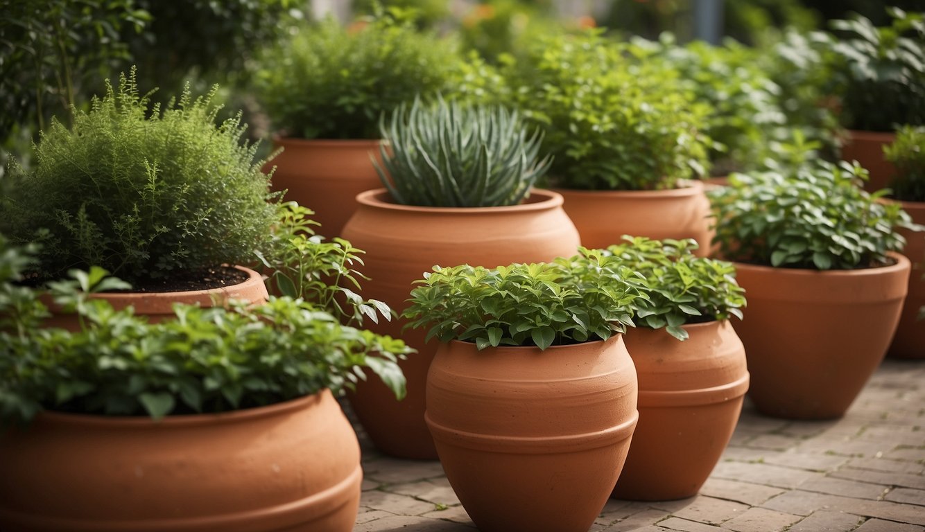 Several large terracotta pots arranged in a garden, varying in size and shape, with vibrant green plants spilling over the edges