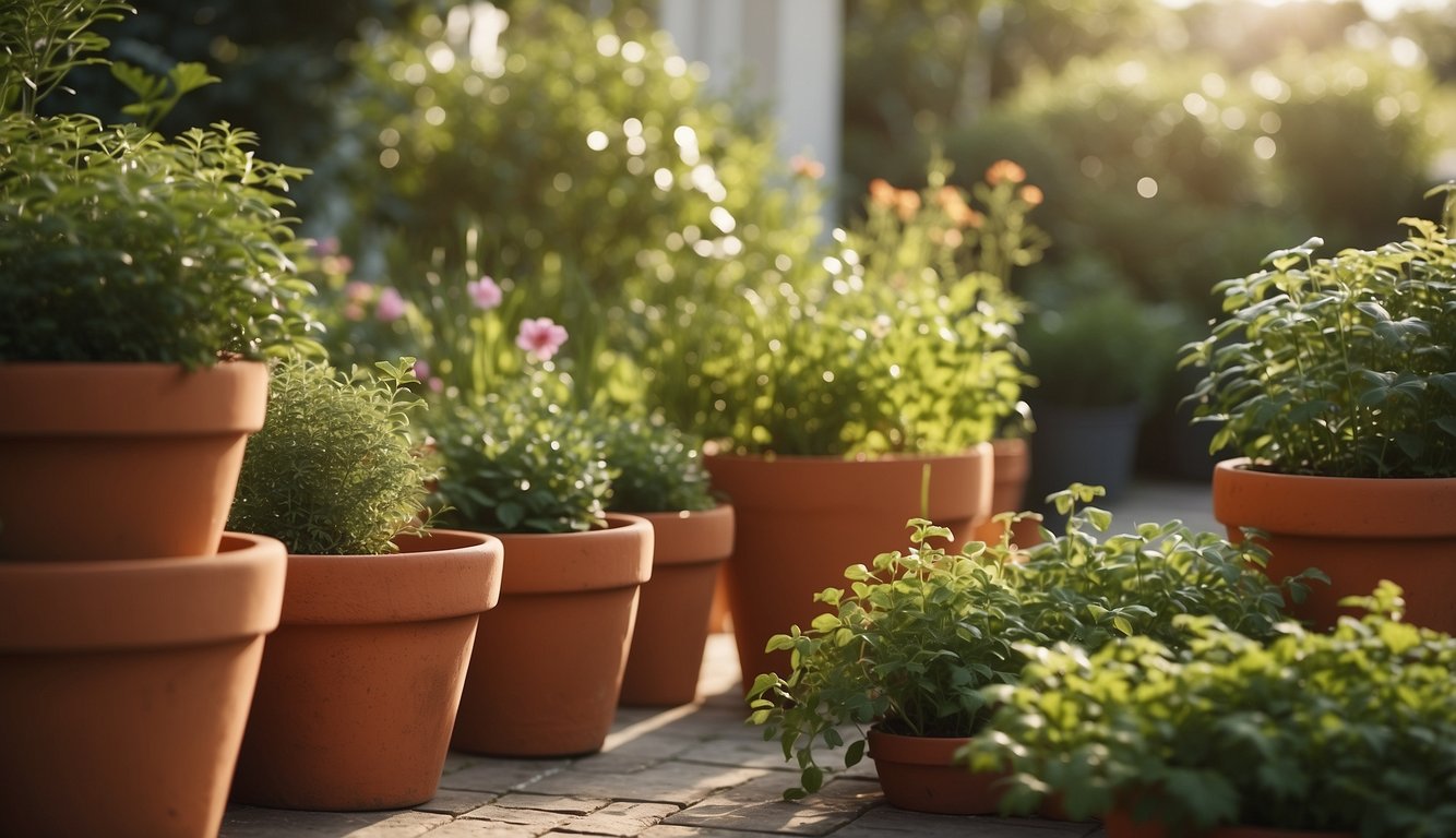 A garden filled with lush green plants in large terracotta pots, basking in the warm sunlight