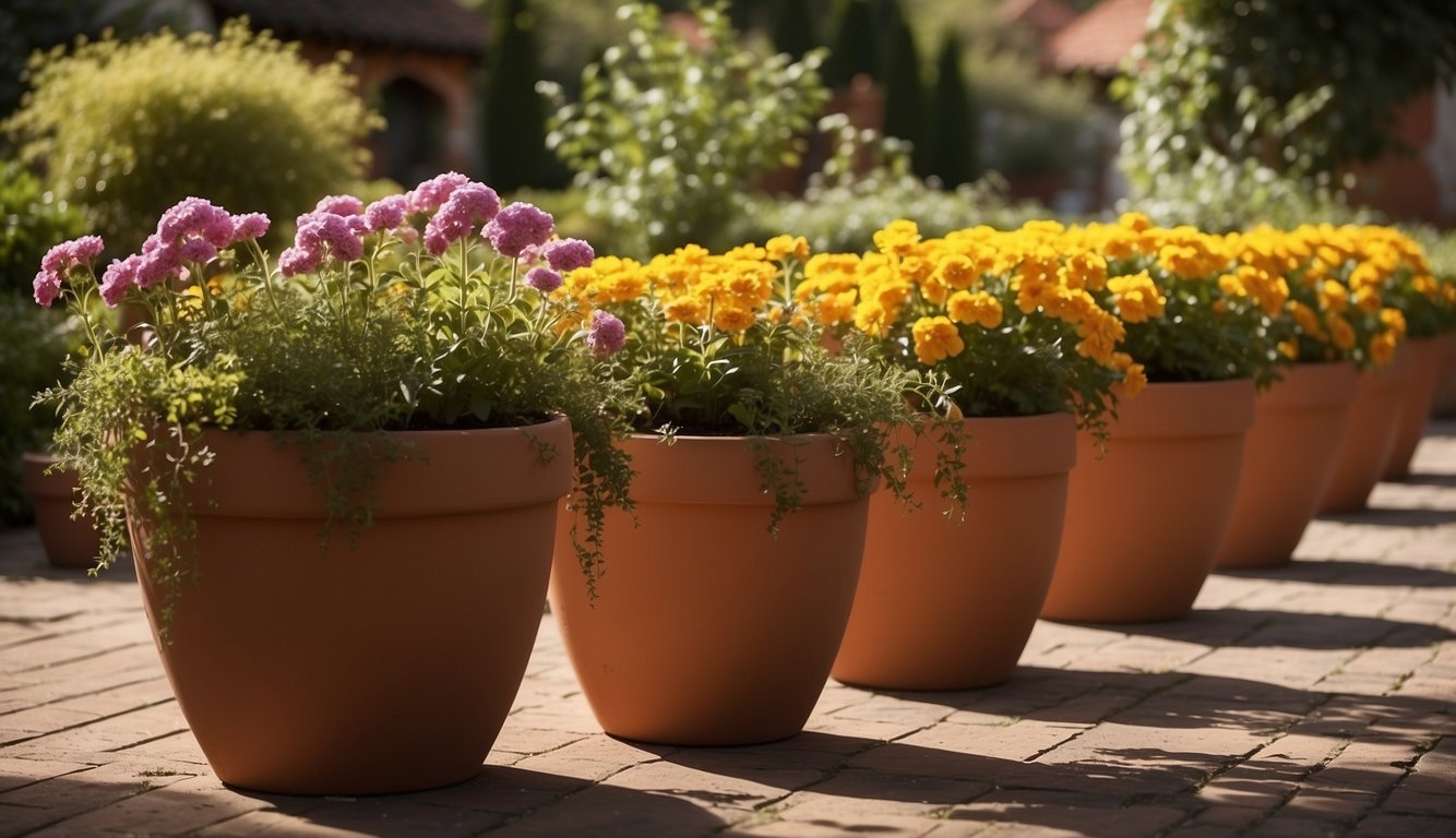 Several large terracotta pots arranged in a garden, filled with vibrant flowers and greenery. Sunlight filters through the leaves, casting dappled shadows on the ground