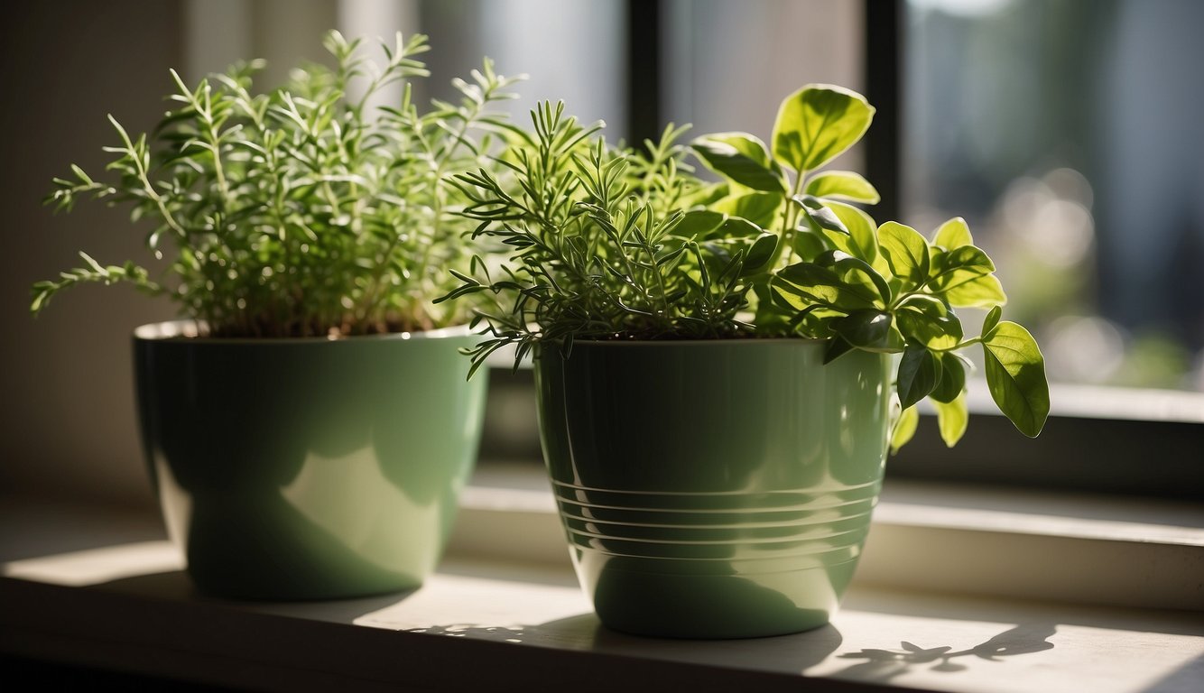 A plastic pot sits on a sunny windowsill, filled with vibrant green herbs. Light streams through the window, casting a soft glow on the pot