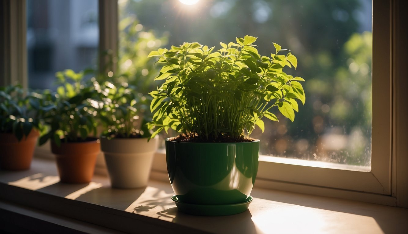 A plastic pot sits on a windowsill, filled with vibrant green plants. The sunlight streams through the window, casting a warm glow on the pot and its contents