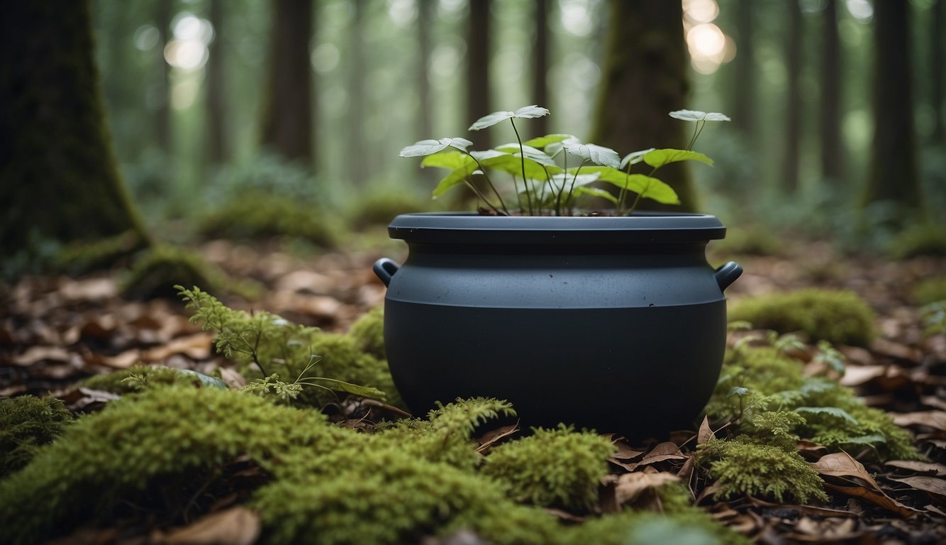 A plastic pot lies abandoned in a lush forest, surrounded by decaying leaves and wildlife