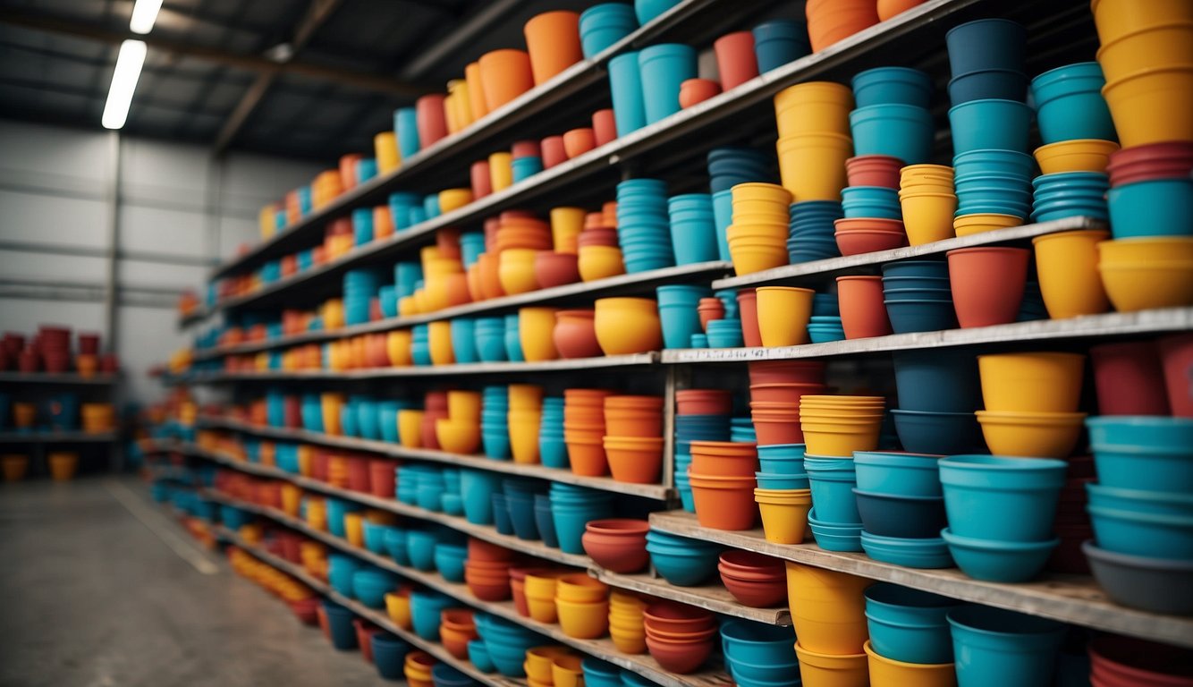 Colorful plastic plant pots stacked on shelves in a warehouse, with a variety of sizes and shapes. Australian wholesale labels visible