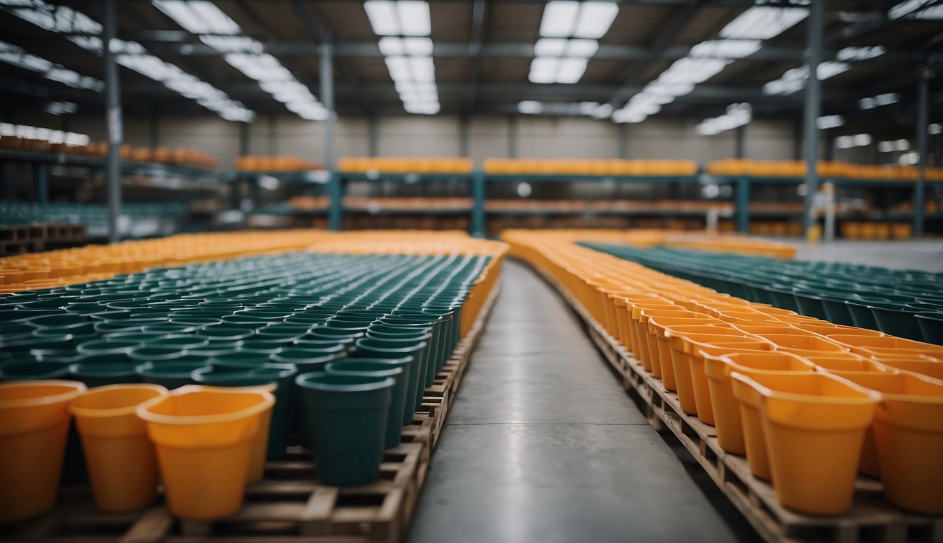 A warehouse filled with rows of plastic plant pots in various sizes and colors, ready for wholesale distribution in Australia