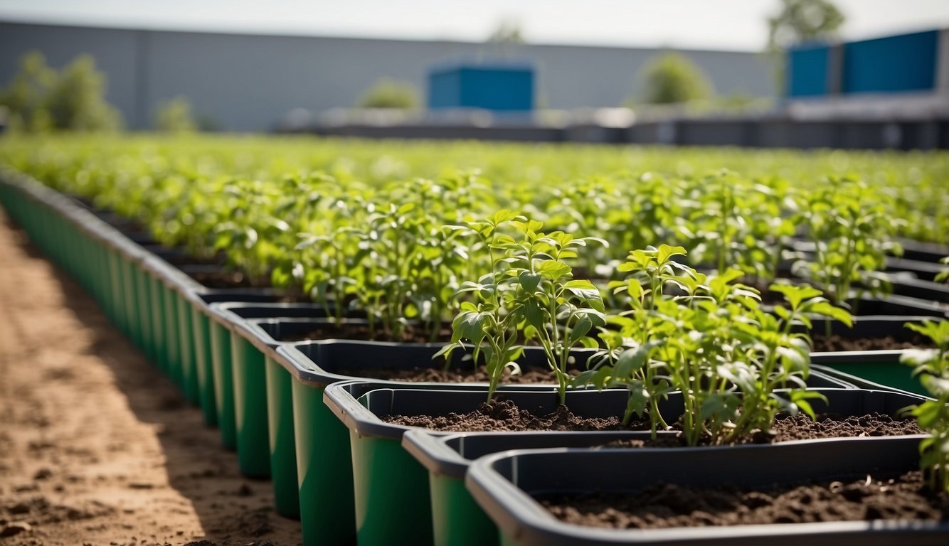 Vibrant green plants grow in rows of biodegradable plastic pots, surrounded by solar panels and recycling bins. The factory emits no waste, with workers using eco-friendly materials and technology