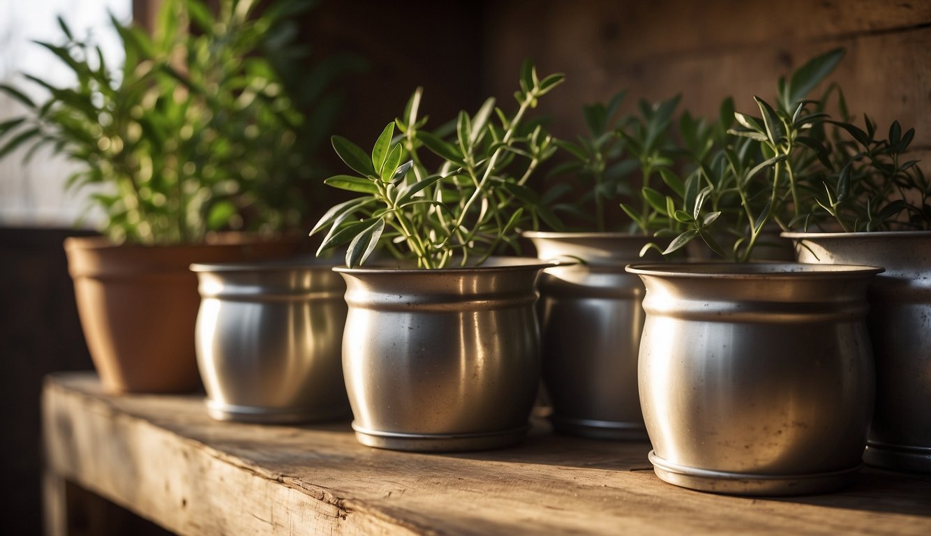 A cluster of tin pots sit on a rustic wooden shelf, catching the warm sunlight filtering through a nearby window