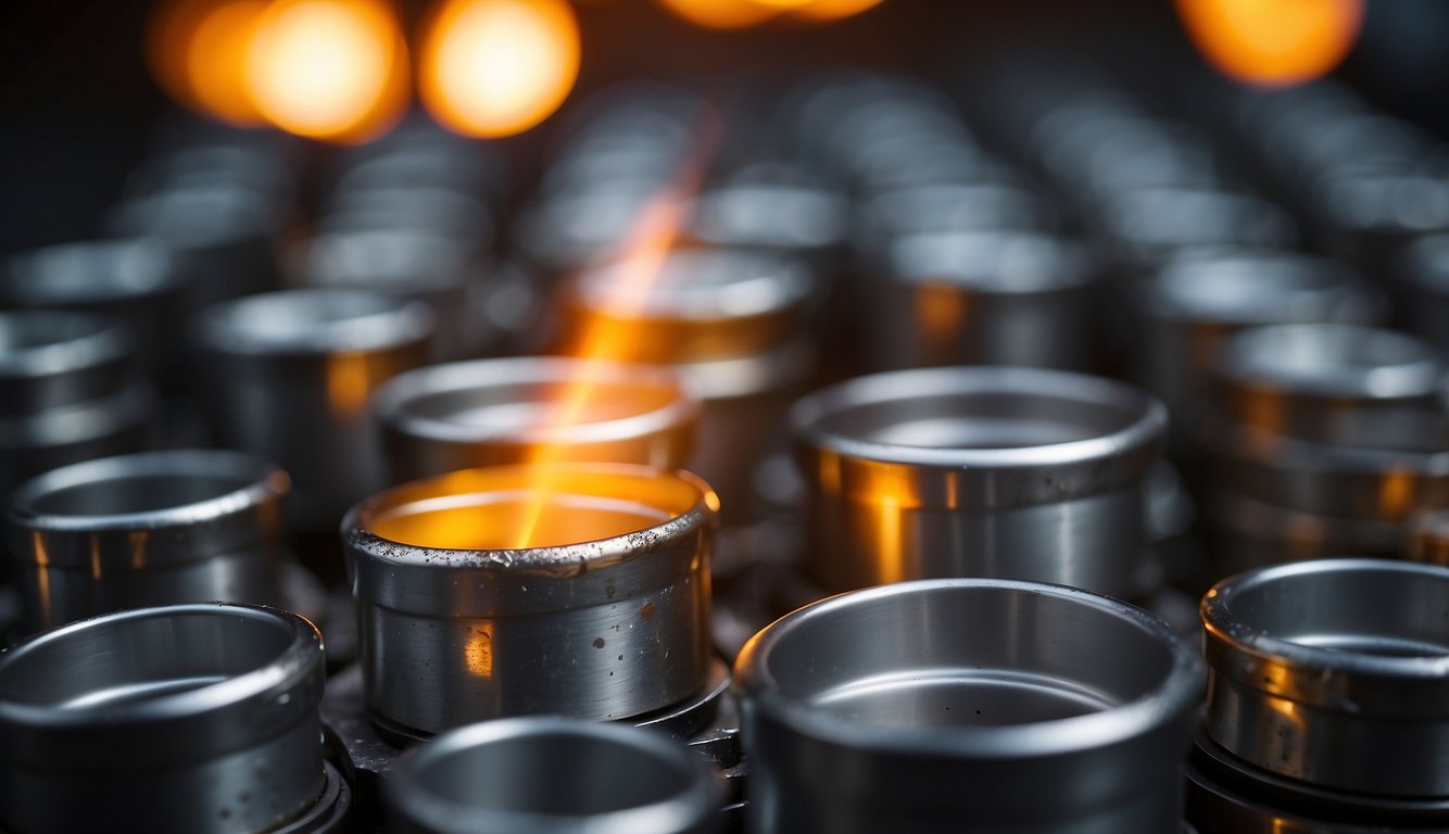 Molten metal poured into molds, cooled, then polished