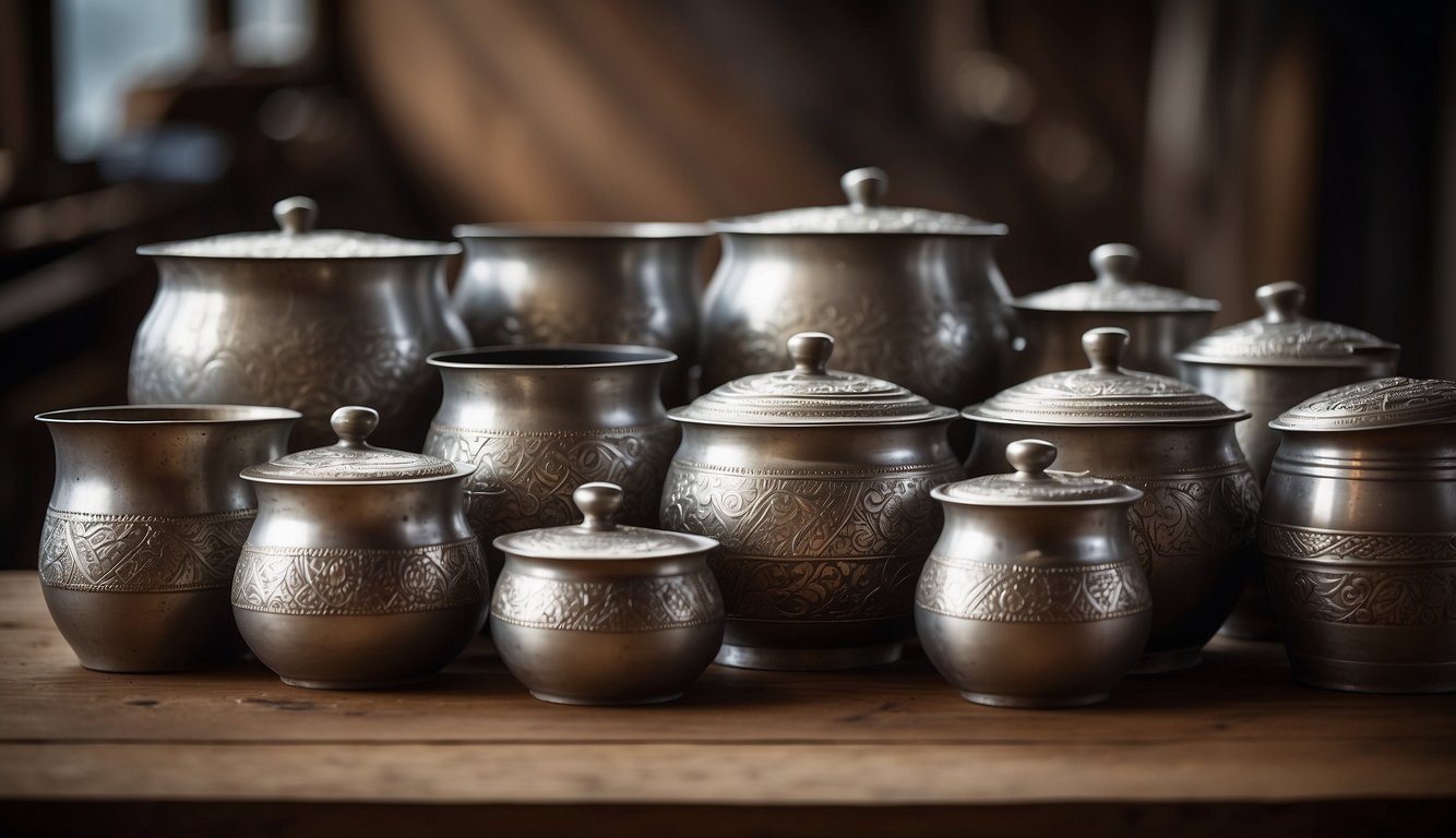 Various tin pots of different sizes and shapes arranged on a rustic wooden table. Some pots are dented, while others have intricate patterns and designs