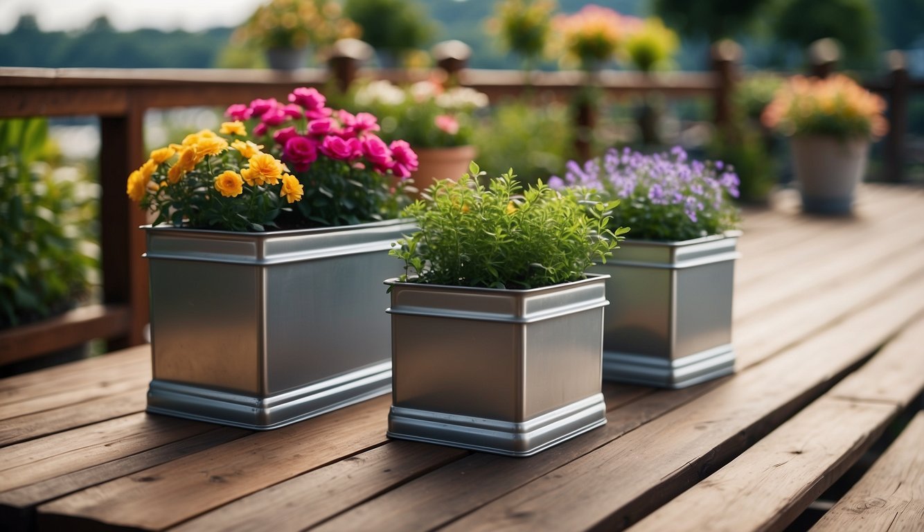 Three tin planter boxes arranged on a wooden deck, filled with vibrant flowers and greenery